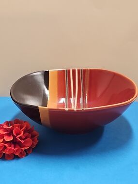 Large Glazed Ceramic Serving Bowl in Red with Orange and Black Stripe Accents